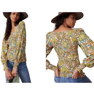 by Anthropologie Sz S Rayna Smocked Top Balloon Long Sleeve Square Neck‎ Bananas